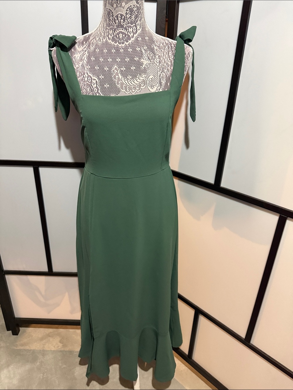 Tie-Shoulder Forest Green Midi Dress